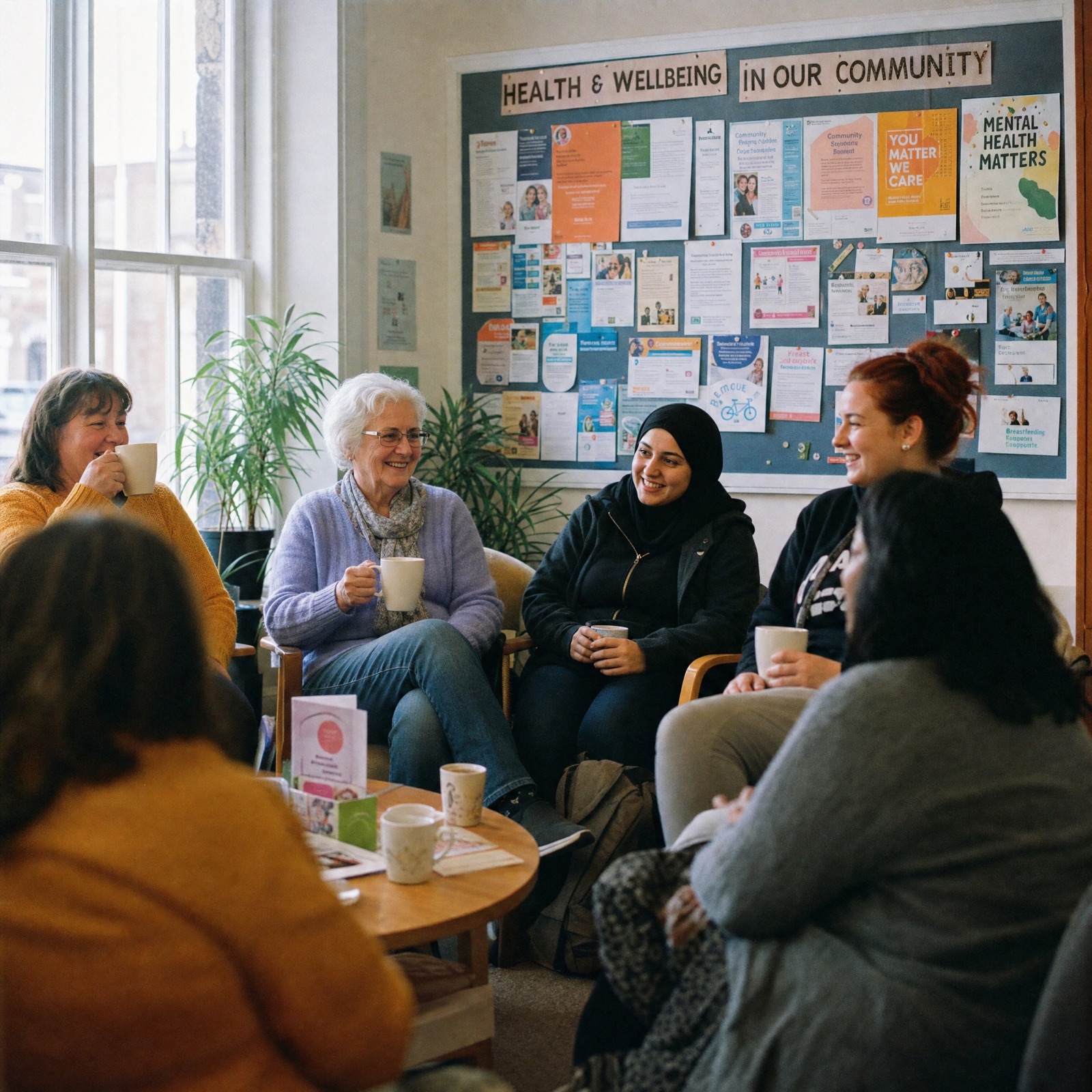 Circle of older adults in conversation over tea at an Edinburgh community hall