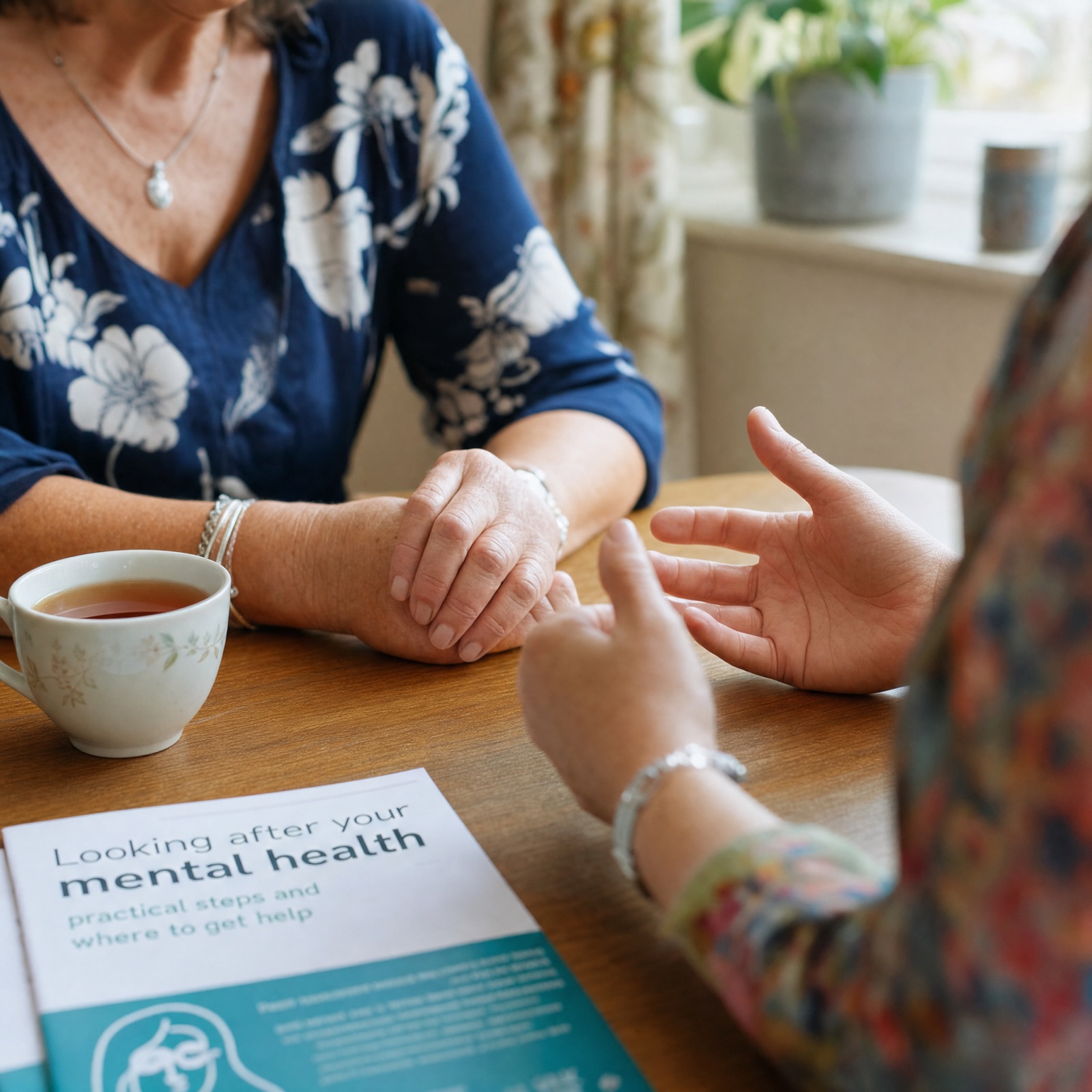 Close-up of elderly hands holding an NHS letter at a kitchen table
